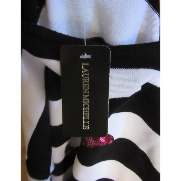 Vintage Lauren Michelle BW Striped Sweater w Sequin Pink Flamingo Design S - Picture 7 of 7